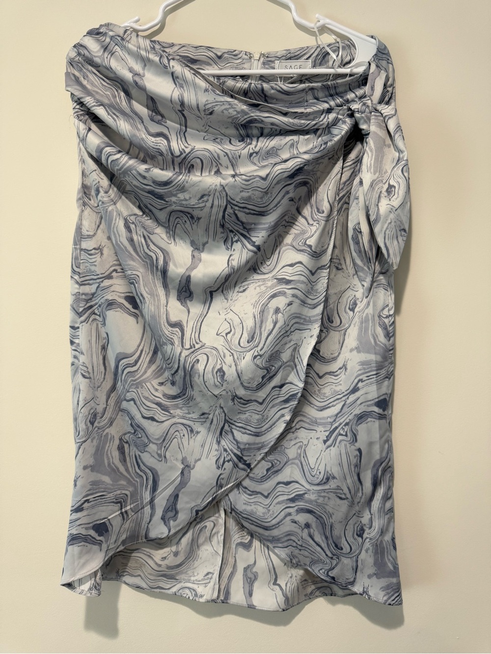 Sage Marble-Print Draped Skirt in Blue and White